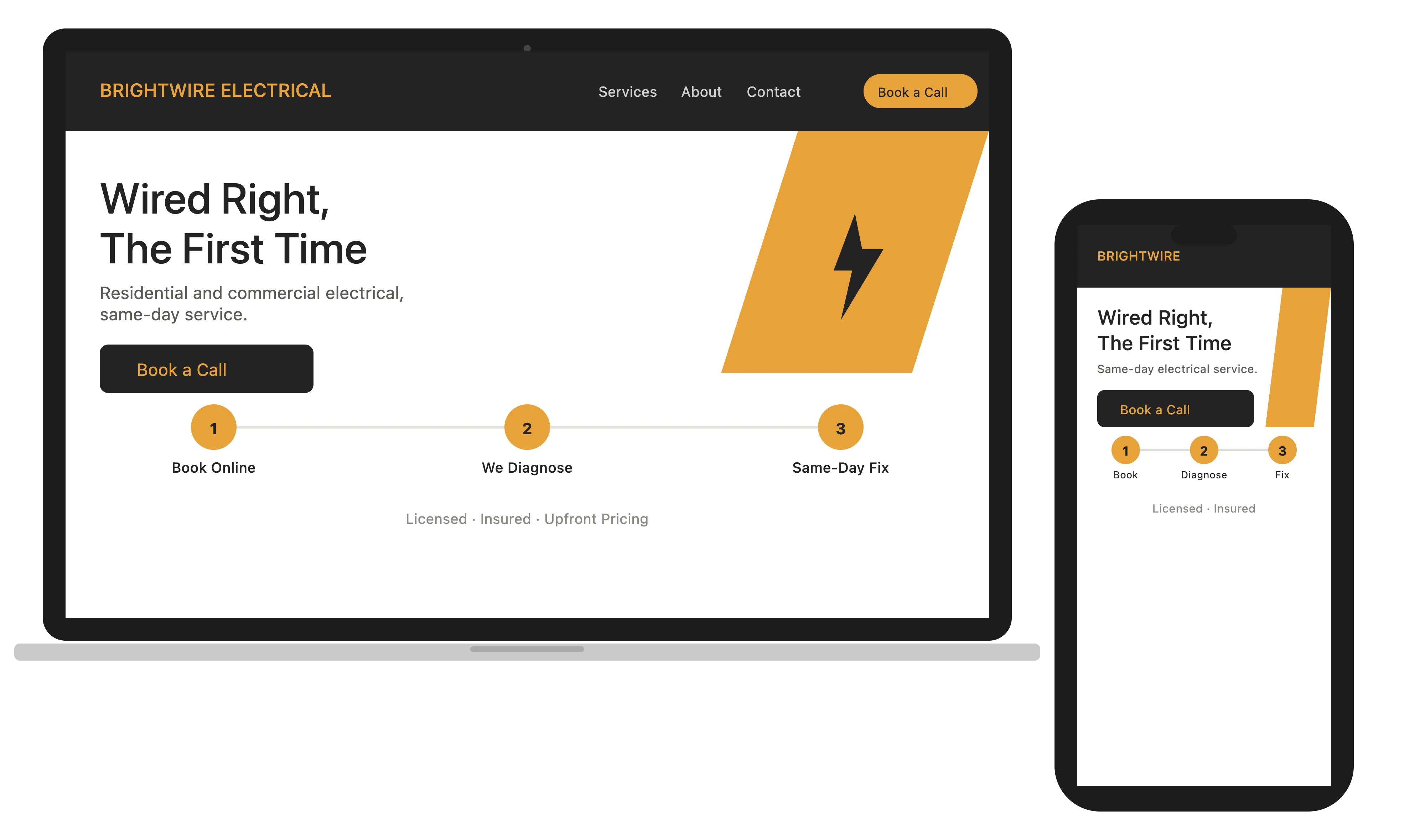 Brightwire Electrical website shown on a laptop and phone