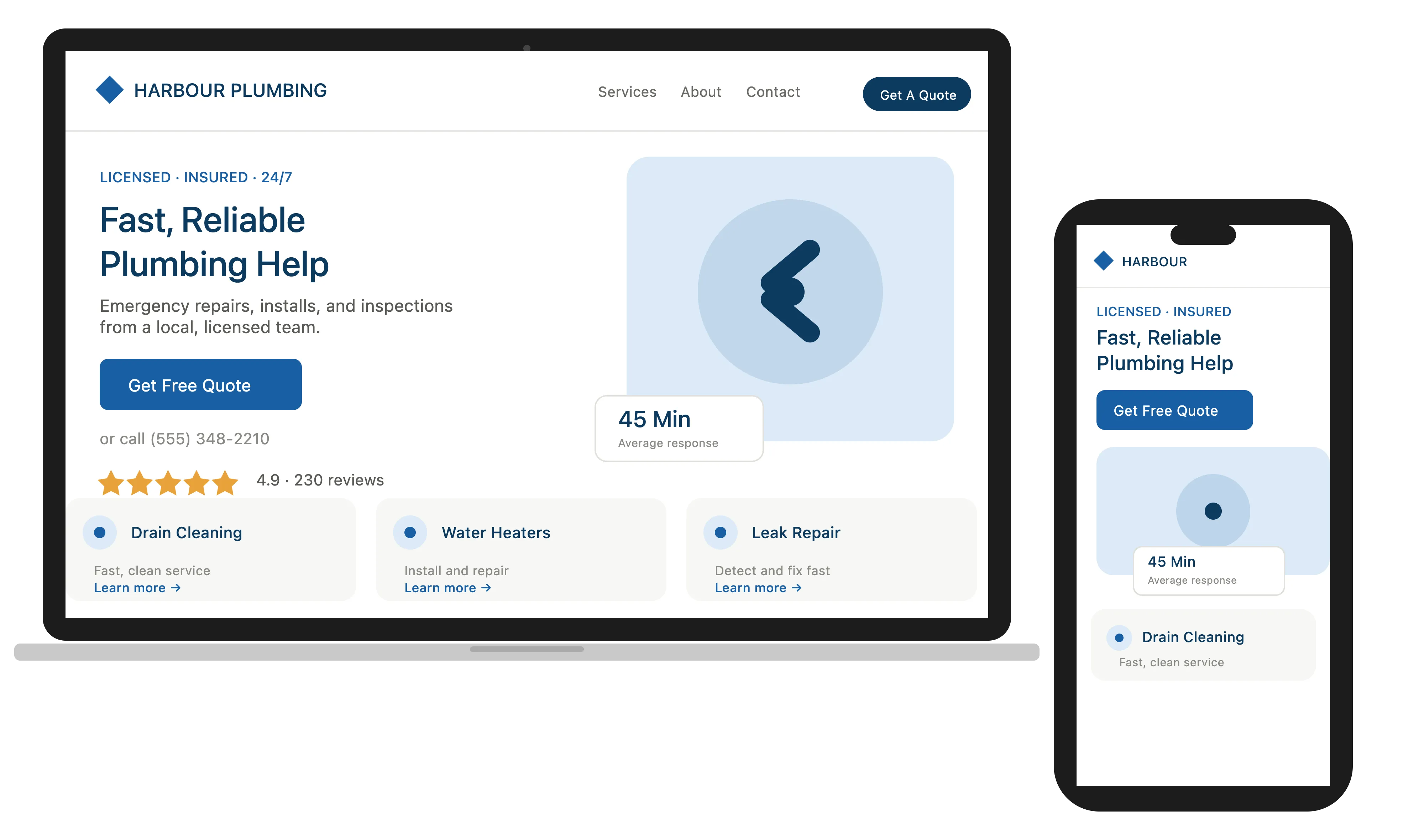 Harbour Plumbing website shown on a laptop and phone